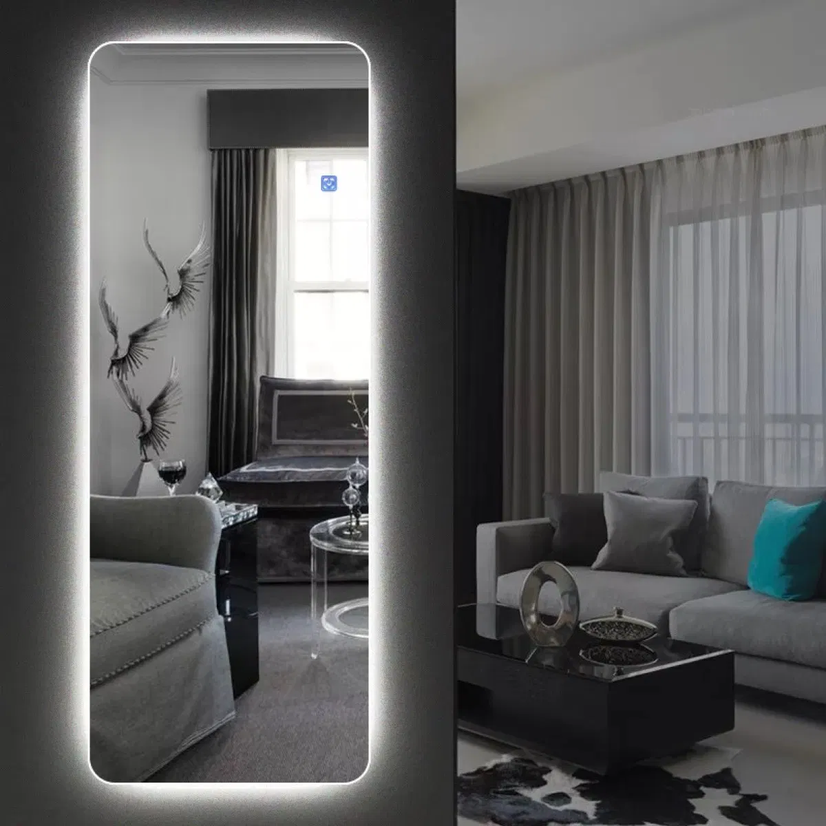 Oval Wall Big Size Dressing Makeup LED Backlit Barbershop Hotel Furniture Bathroom Laminated Wall Silver Decorative Vanity Full Length Smart Mirror