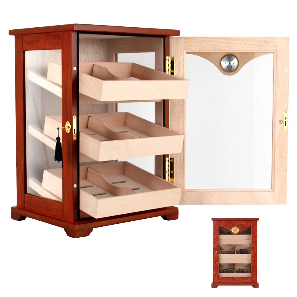 Large-Capacity Cigar Collection Wooden Humidor Cabinet with Veneer and Humidifier