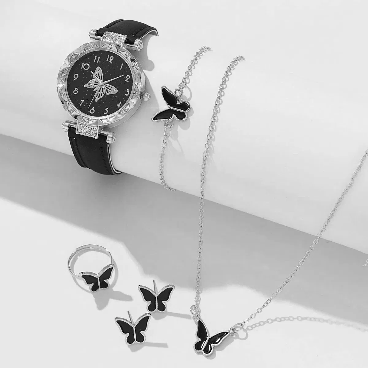 Luxury Rhinestone Leather Black Watch Butterfly Women's Set