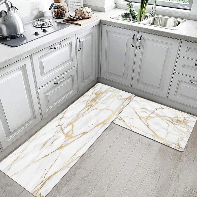 Kitchen Bathroom Anti Fatigue Floor Rugs Non Slip Gold White Printed Mat