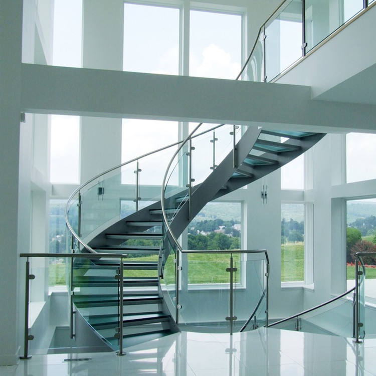 Cbmmart Carbon Steel Curved Staircase with Tempered Glass and Stainless Steel Handrail