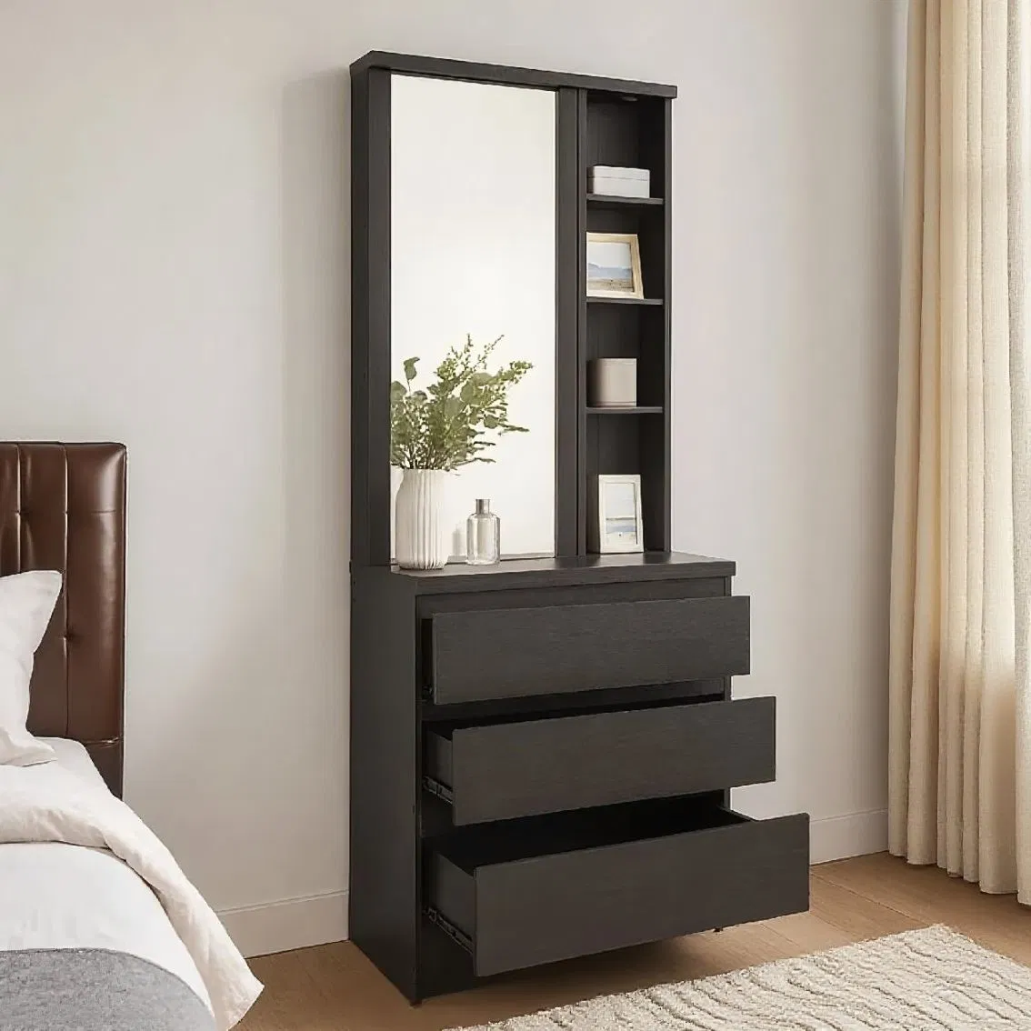 Modern Black 3-in-1 Full-Length Mirror Dressing Table with Storage for Bedrooms&Living Rooms