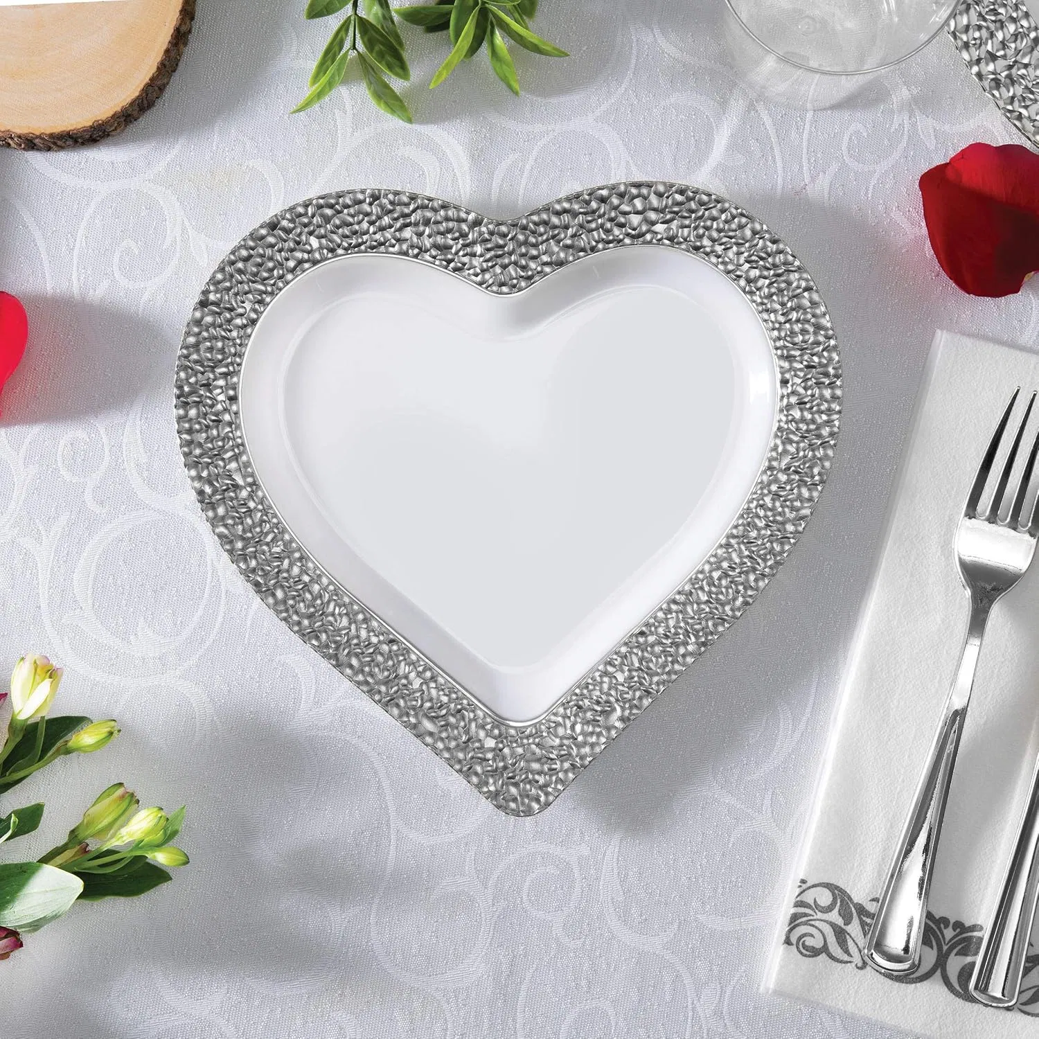 Elegant Heart Shaped White Plastic Dinner Plates with Silver Trim