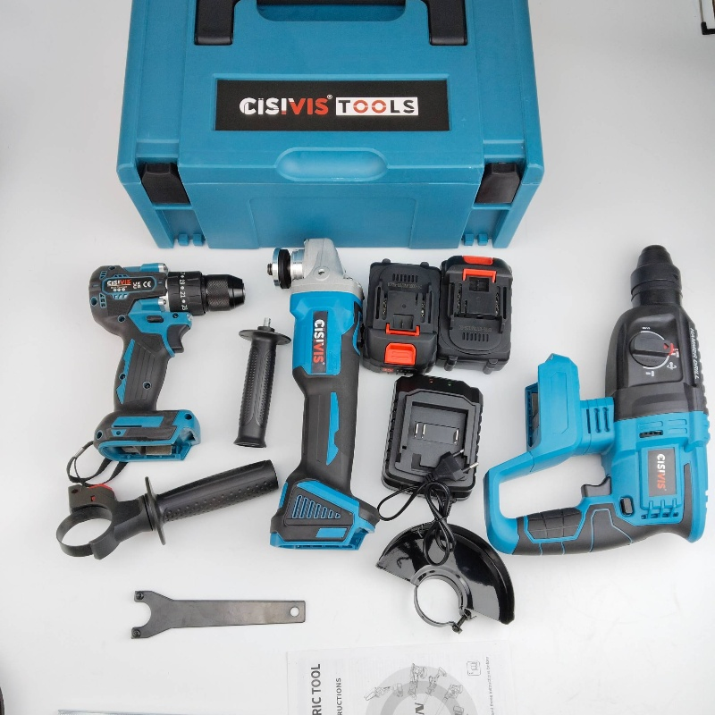 3PCS Cordless Power Tool Set with 2 Batteries Electric Hammer Electric Drill Angle Grinder Cordless Impact Drill Tool Set