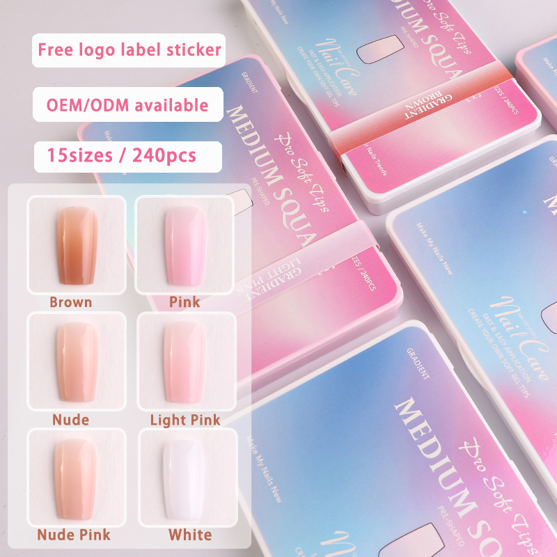 Nail Supplier Artificial Nail Acrylic Gradient Nude Pink Medium Square Nail Tips for Salon