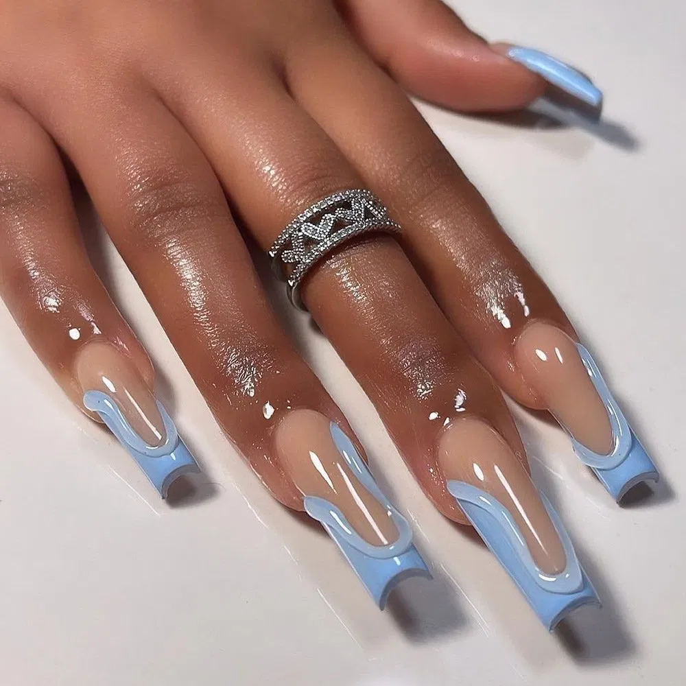 3D French Sky Blue Nail Wearing False Nails
