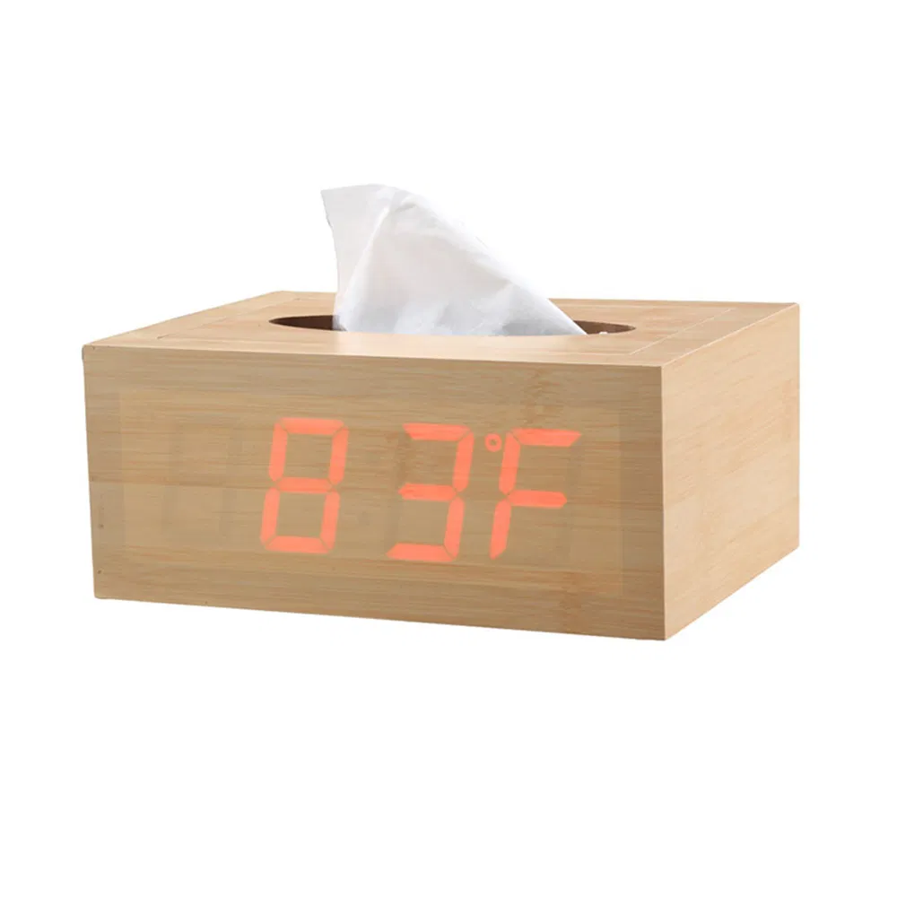 Desktop Wood LED Alarm Clock Temperature Tissue Box