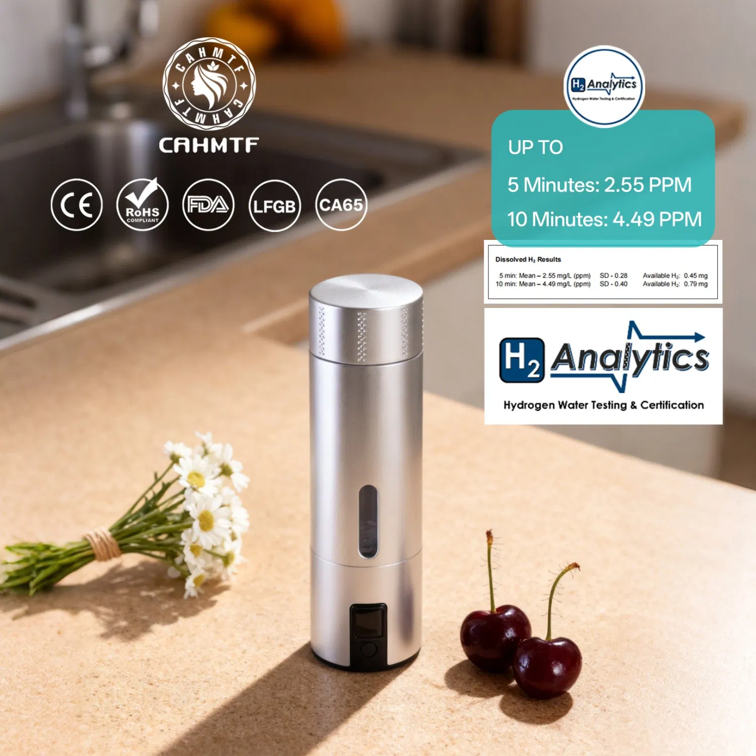 Cahmtf Hydrogen Water Bottle for Daily Use - 4.49ppm High Concentration, Magnetic Charging, 1% Free Spare Parts