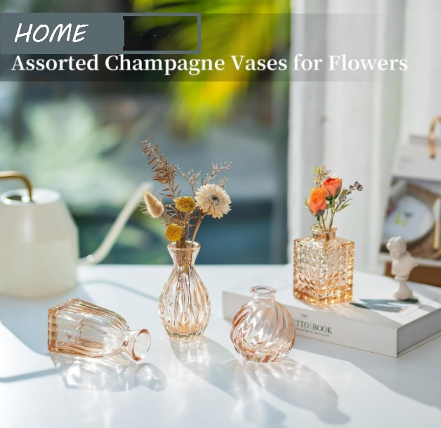 Glass Bud Vases for Centerpieces: Small Flower Vase Set of 4 Vintage Cute Mini Vases for Flowers Champagne Pink
