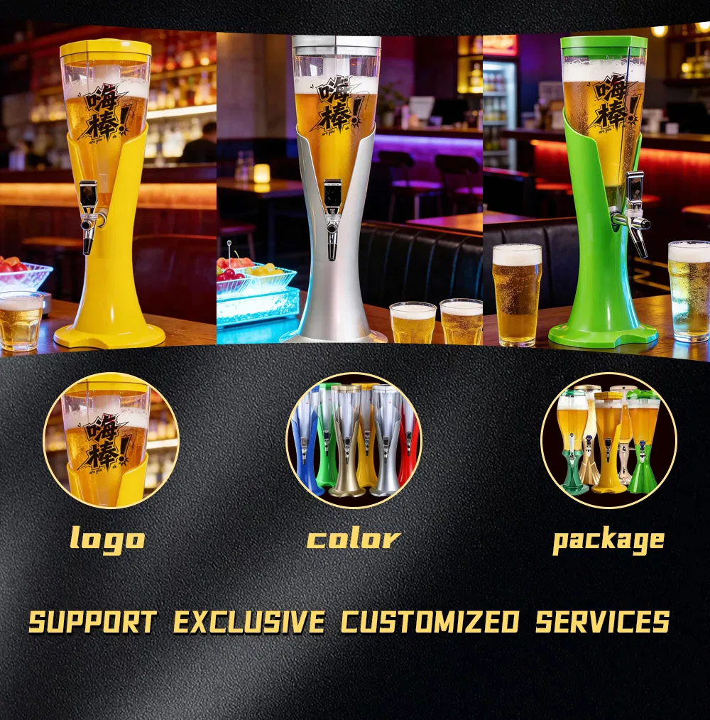 1.5L 2L 3 Liters Custom Logo Plastic Original Tabletop Drink Drinkware Ice Tube Water Cooler Beverage Beer Tower Dispenser for Nightclub Bar Restaurant