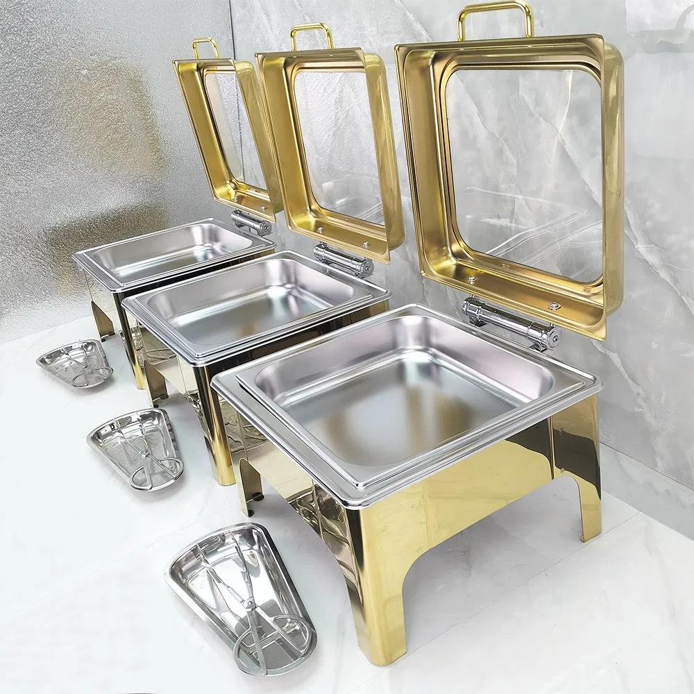 Luxury Commercial Fuel Food Warmer Stainless Steel Chafing Dish Square Glass Lid Modern for Hotel Restaurant Buffets Gold