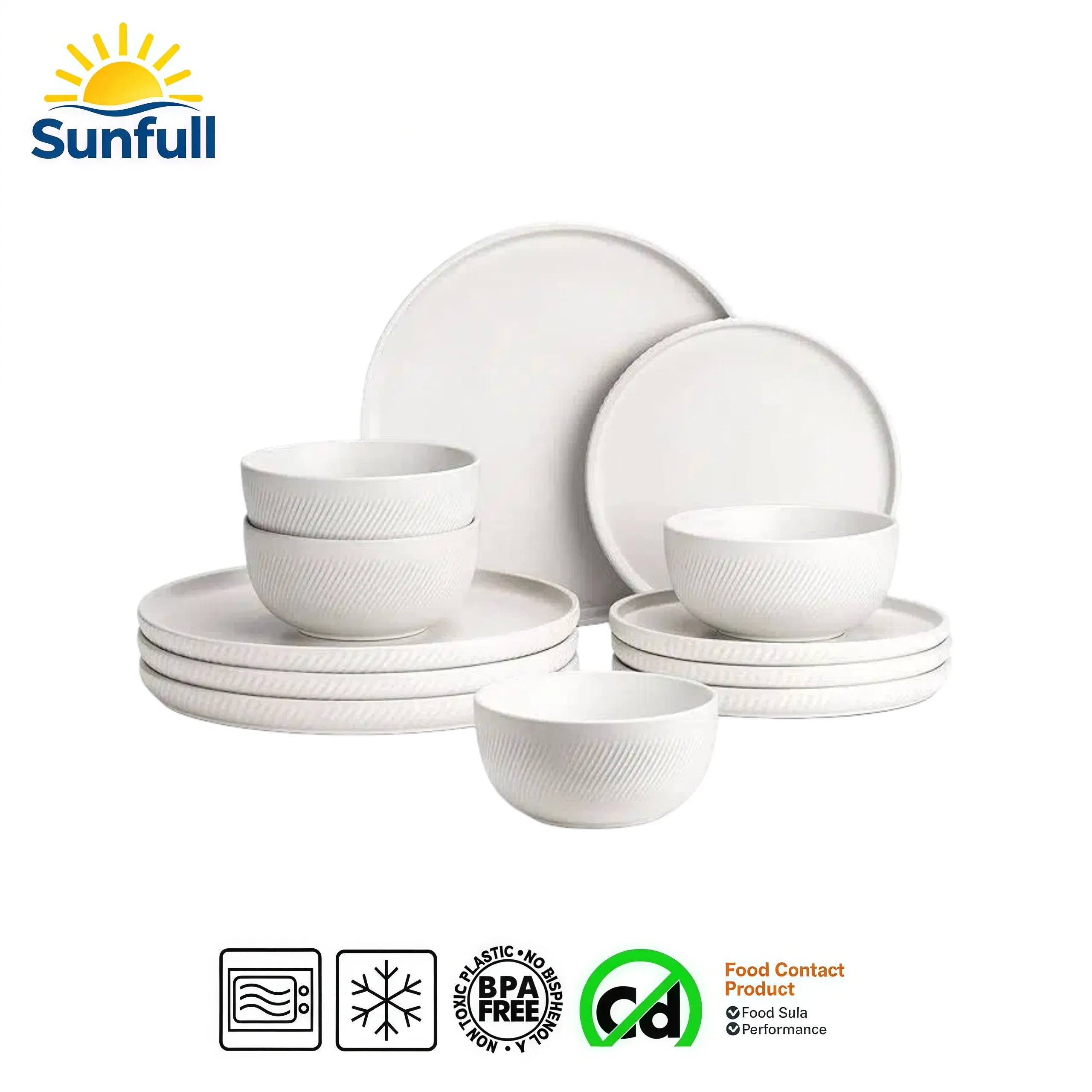White Ceramic Dishware Plate Bowls Set Ribbed Snowcrest White Plates Bowls Sets Bulk Dinner Plates Set Restaurant Hotel White Porcelain Flat Dish Plates