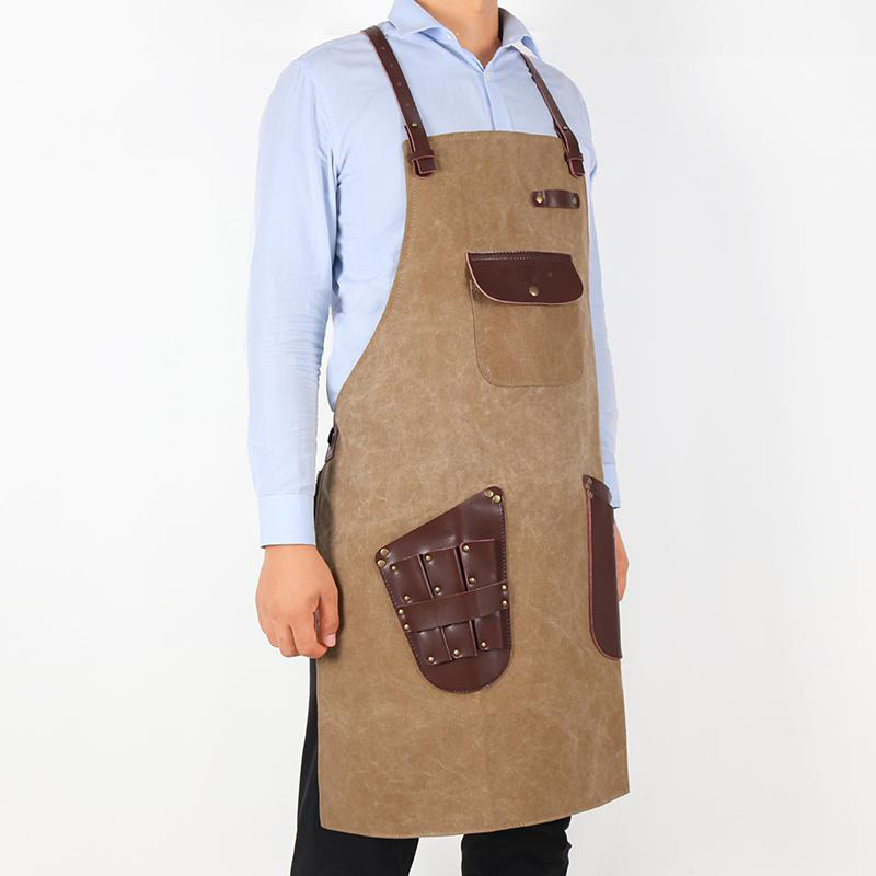 Best Selling Waxed Canvas Hairdresser Apron with Tool Leather Pocket Custom Beauty Salon Apron (RS-NIFS024)
