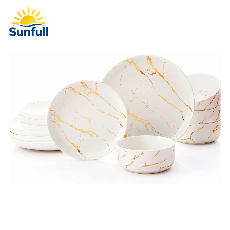 White Gold Splash Dinnerware Sets 12 Pieces Fine China Marble Plates and Bowls Sets Modern Porcelain Dish Luxury Dinner Set for Formal Dinners and Weddings