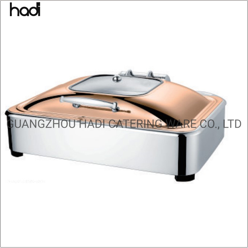 Buffet Chaffing Dish Supplies Catering Accessories Hydraulic 6L 9L Glass Lid Brass Copper Rose Gold Electrical Induction Buffet Stoves Chafing Dish Food Warmer