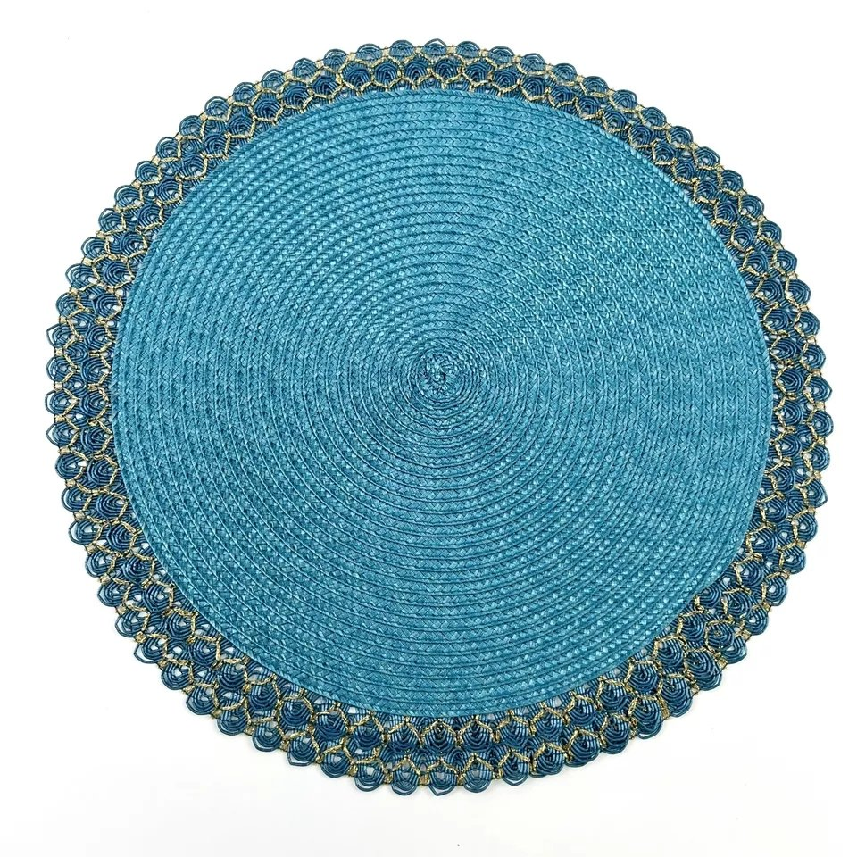 Promotion 15 Inch Teal Gold Braid Heat Resistant Polypropylene Woven Round Placemat