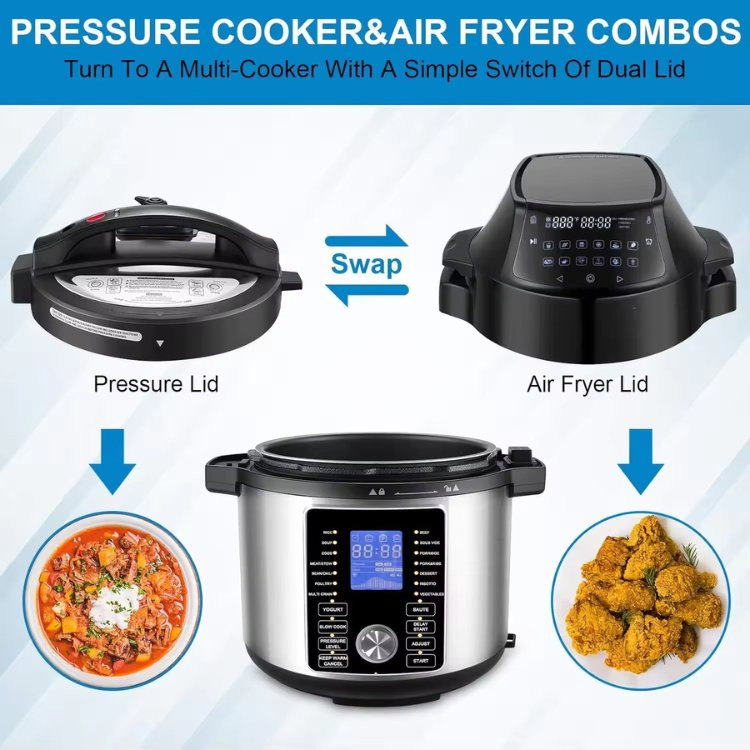Pressure Cooker with Double Lid Design for Versatile Cooking and Air Frying Options