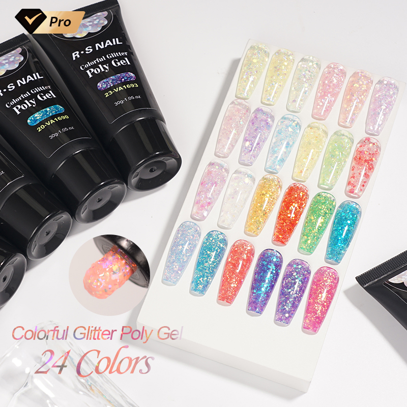 R S Nail Best Selling 30g Colorful Glitter Poly Gel 24 Colors Soak off Glitter Extension Gel