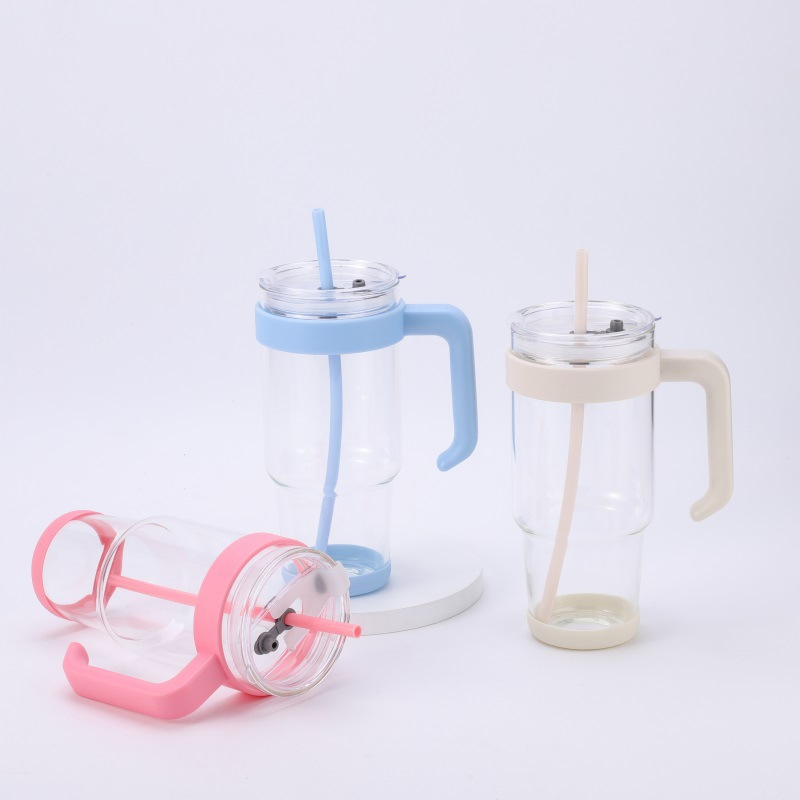 Термокружка стеклянная 1200 мл с ручкой и трубочкой