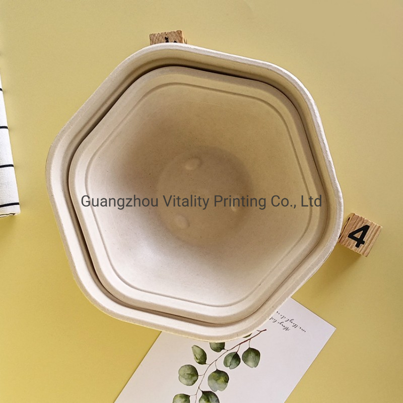 750ml Hexagon Takeaway Food Bowl with Pet Lid Disposable Compostable Eco Friendly Sugarcane Bagasse Pulp Rice Salad Bowls