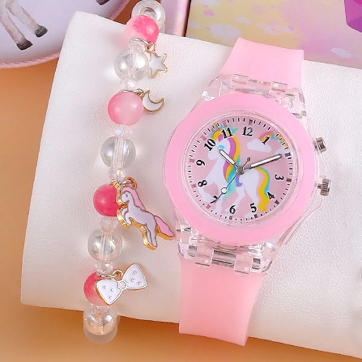 Pink Luminous Watch Two Styles Girl Gift Set Cartoon Bracelet