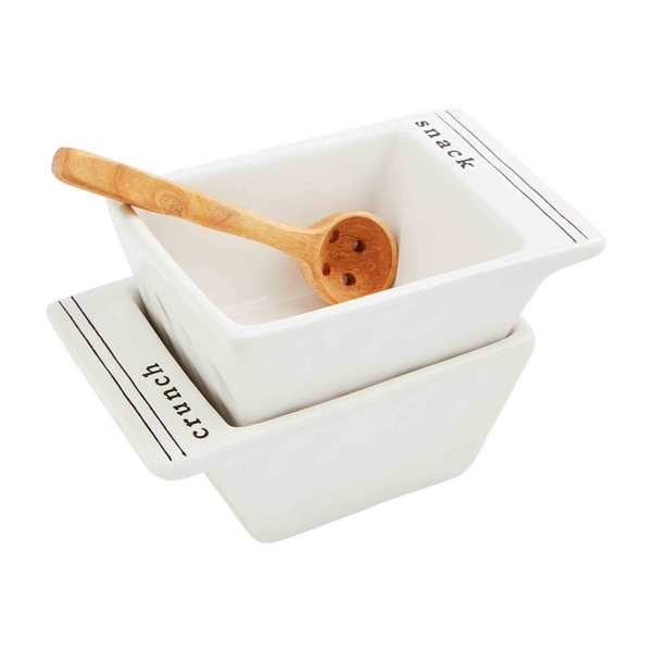 Crunch & Olives and Nuts Snack with Wood Spoon and Ceramics Bowl Set