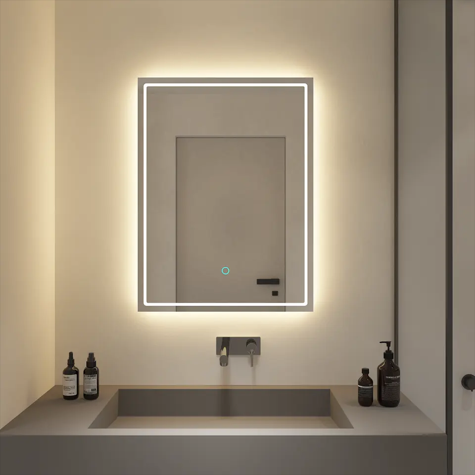 Modern Bath Mirror Two Light Color Silver Bathroom Wall Mounted Smart LED Mirror with Anti Fog