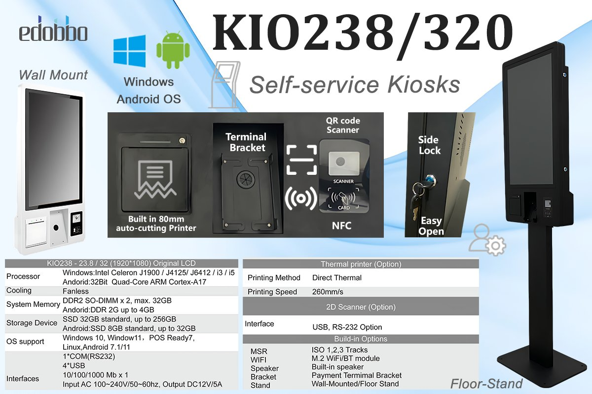 Kio238 Edobbo POS Kiosk 23.8-Inch Self-Service All-in-One POS Hardware 2D Scanner and Thermal Printing Quiosco Kiosque