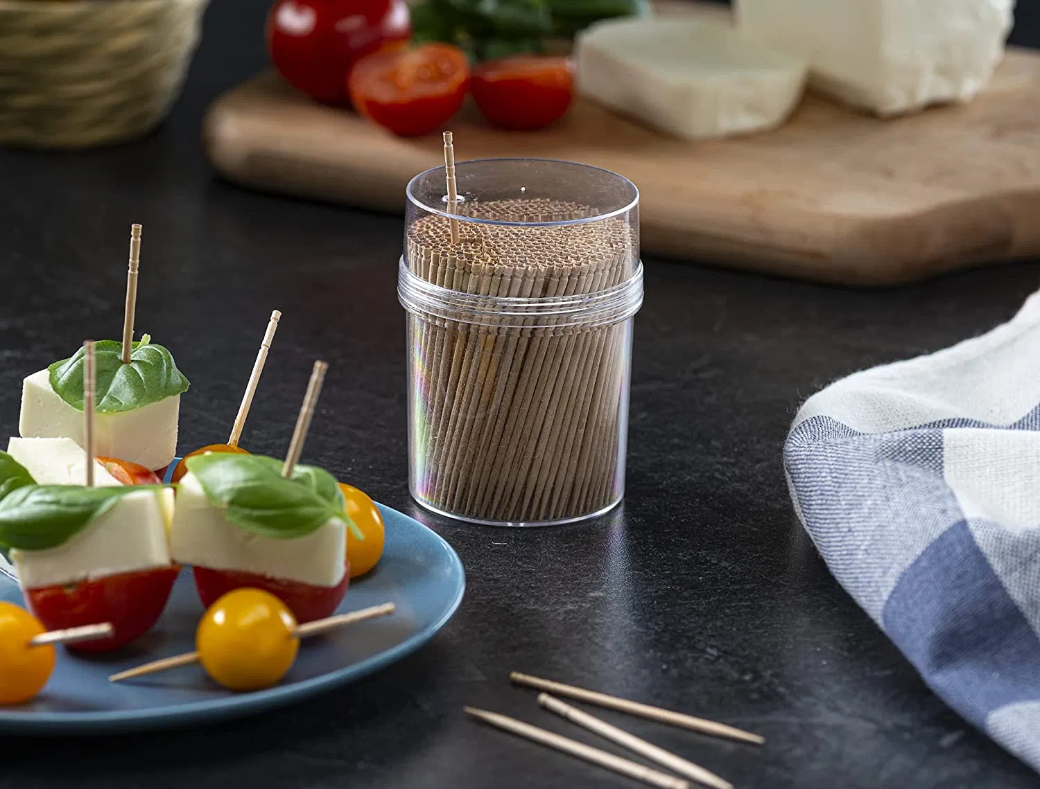 Large Wood Round Toothpicks in Clear Plastic Storage Box