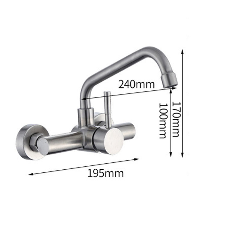 Modern Single Handle 2 Holes 304 Stainless Steel Water Taps Wall Mounted Kitchen Sink Mixer Faucets