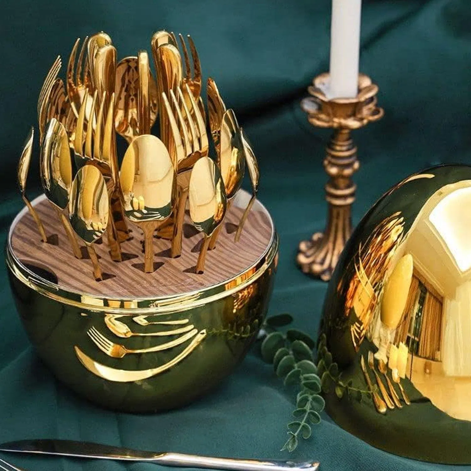 24-Piece Gold Silver Egg-Shaped Stainless Steel Flatware Set Premium Cutlery Set
