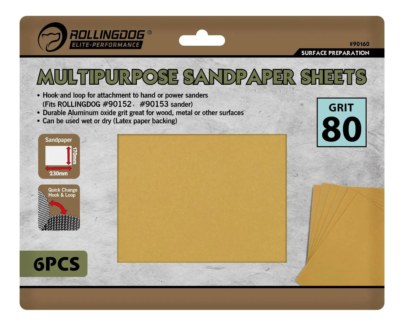Rolingdog-Elite 90160 Multipurpose Sandpaper Sheets (6PCS) 80 Grit