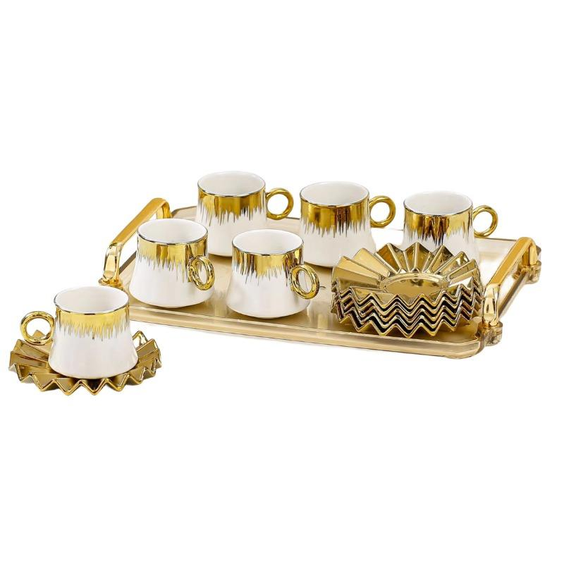 Business Gift Arabic Golden Porcelain Espresso Coffee Cup Set Ceramic Saucer Tray