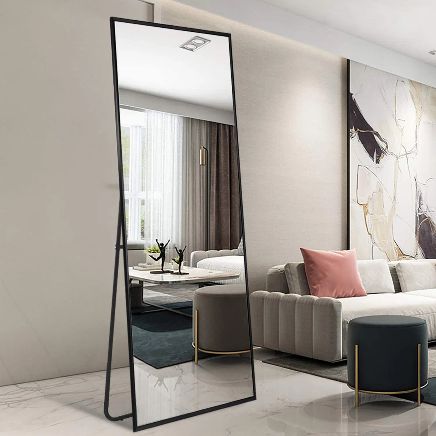 Jinghu Brand Home Decoration Furniture Black Rectangle Metal Frame Mirror Dressing Full Length Standing Floor Mirror with OEM Packaging