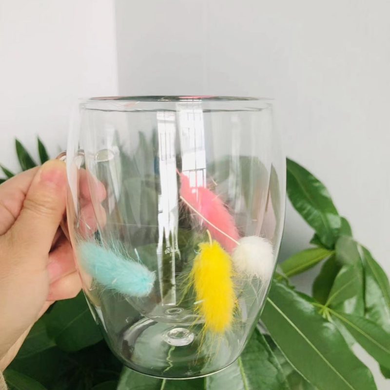 Hot Sale Creative Feather Dried Flower Double Wall Glass Mug for Coffee Milk Hot Water Tea 350ml