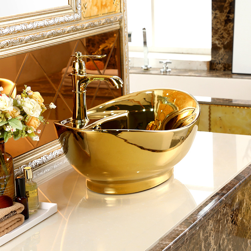 Modern Hotel Dining Room Ceramic Counter Top Luxury Gold Basin Bathroom Sink