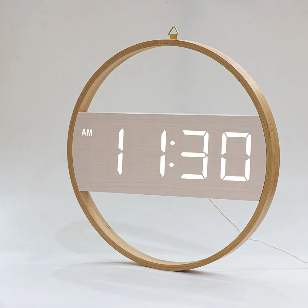 Bamboo Meet Wood Wall Clock Large LED Display House Decorative Modern Style