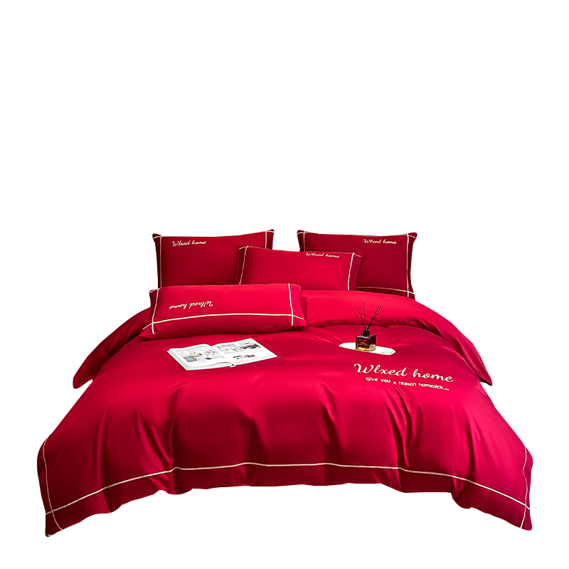 Plain Cotton Supima Bedding Set Embroidered Bedspread Red Wedding Bedsheets