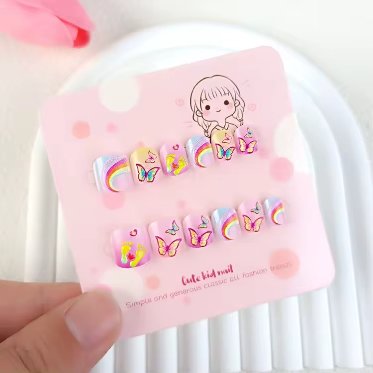Cute Flower Cartoon Kids Press on Nail Art Set with Rhinestones
