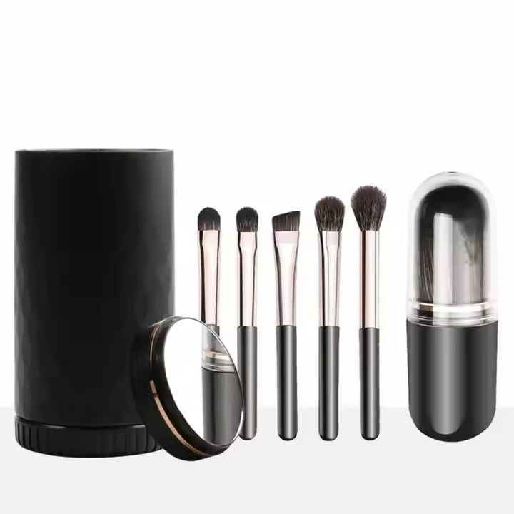 New Portable Travel Makeup Brush Set 6PCS Mini Eyeshadow Complete Function Cosmetic Brusheswith Mirror and Holder