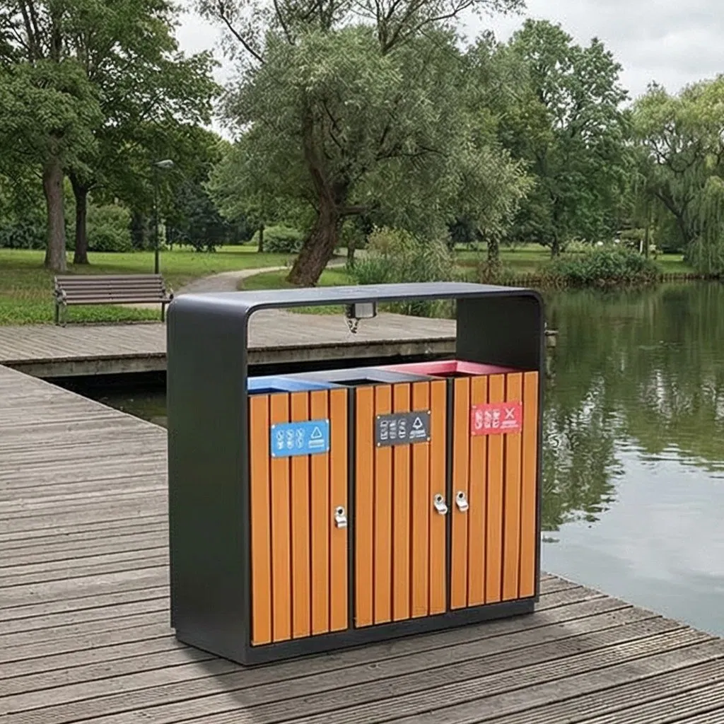 Уличный трёхсекционный мусорный бак для раздельного сбора