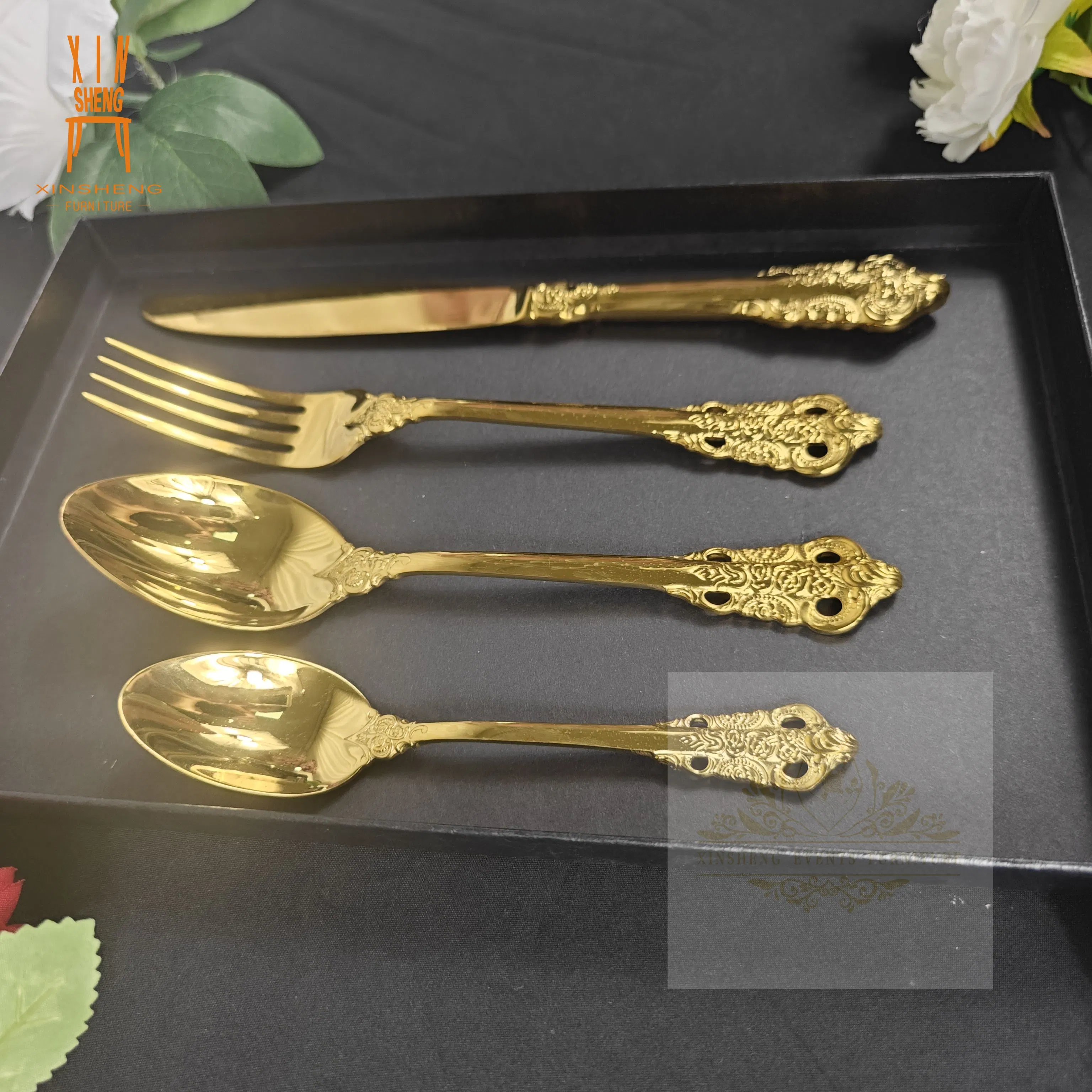 High Quality Royal Knife Fork Spoon Gold Luxury Vintage Cutlery Set with Gift Box for Wedding Party