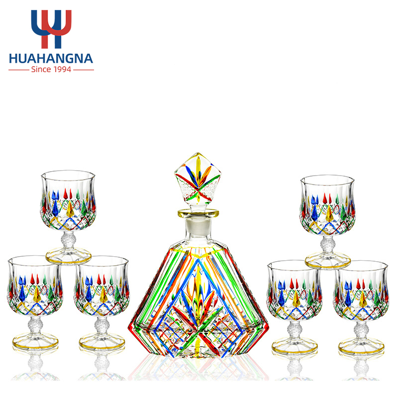 Luxury 7PCS Classic Style Wine Glass Decanter with Glass Cups Set Rainbow Color Whisky Glass Decanter Sets for Drinking