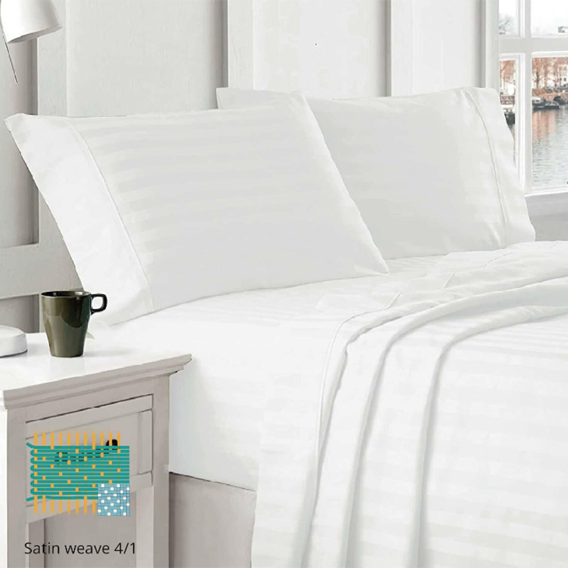 T-300 White Satin Stripe Bed Linen & Pillowcase & Duvet Cover Hotel Bedding Set