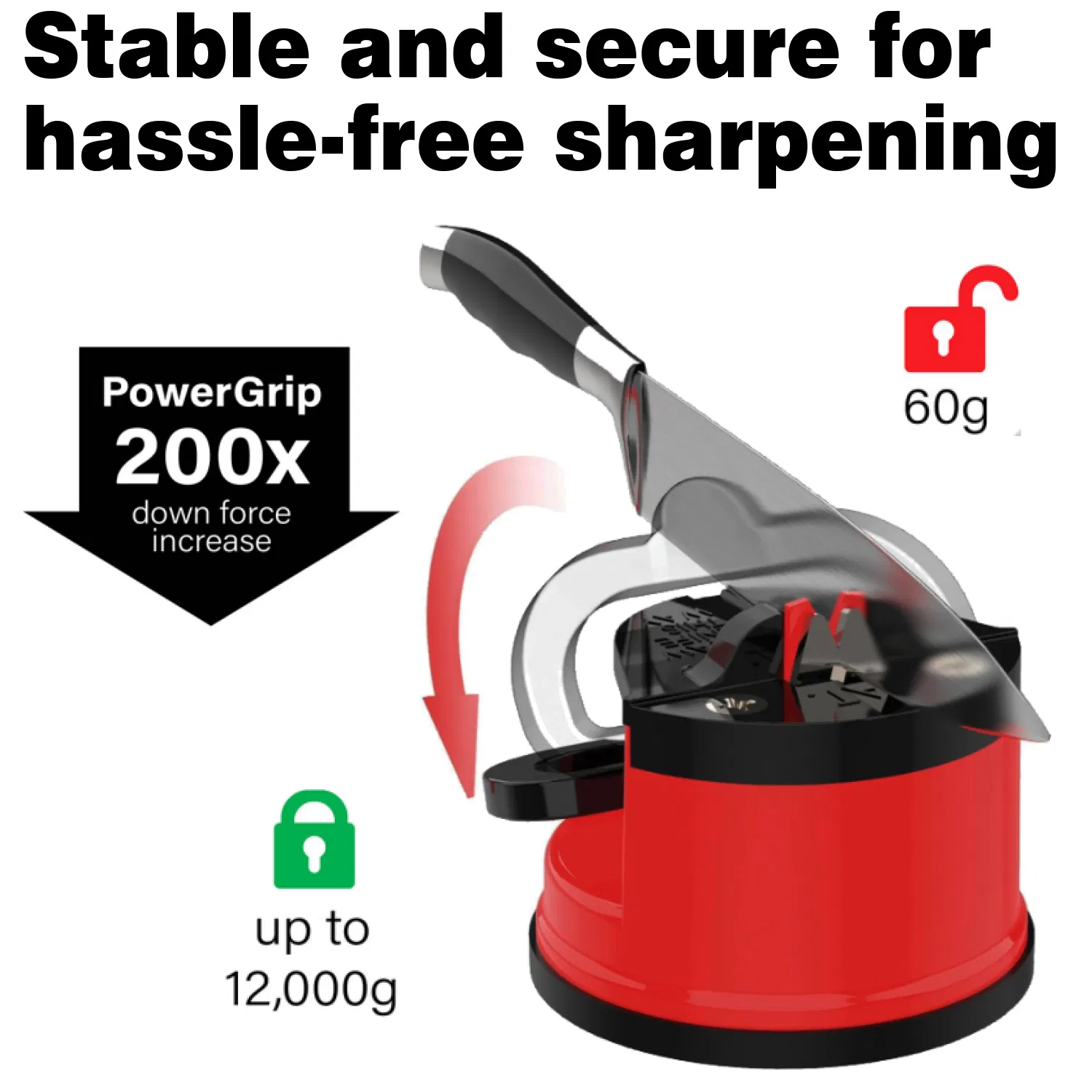 Red Knife Sharpener Powergrip Suction Base 200X Force Increase Mini Size Fast 3 Step Sharpening for Most Kitchen Knives Tool