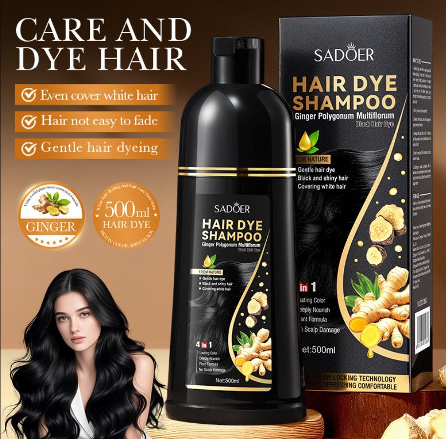 Online Wholesale and Retail 500ml Natural Organic Ginger Ginseng Polygonum Multiflorum Black Dye Black Hair Shampoo 100% Cover Gray White Hair Color Dye Shampoo