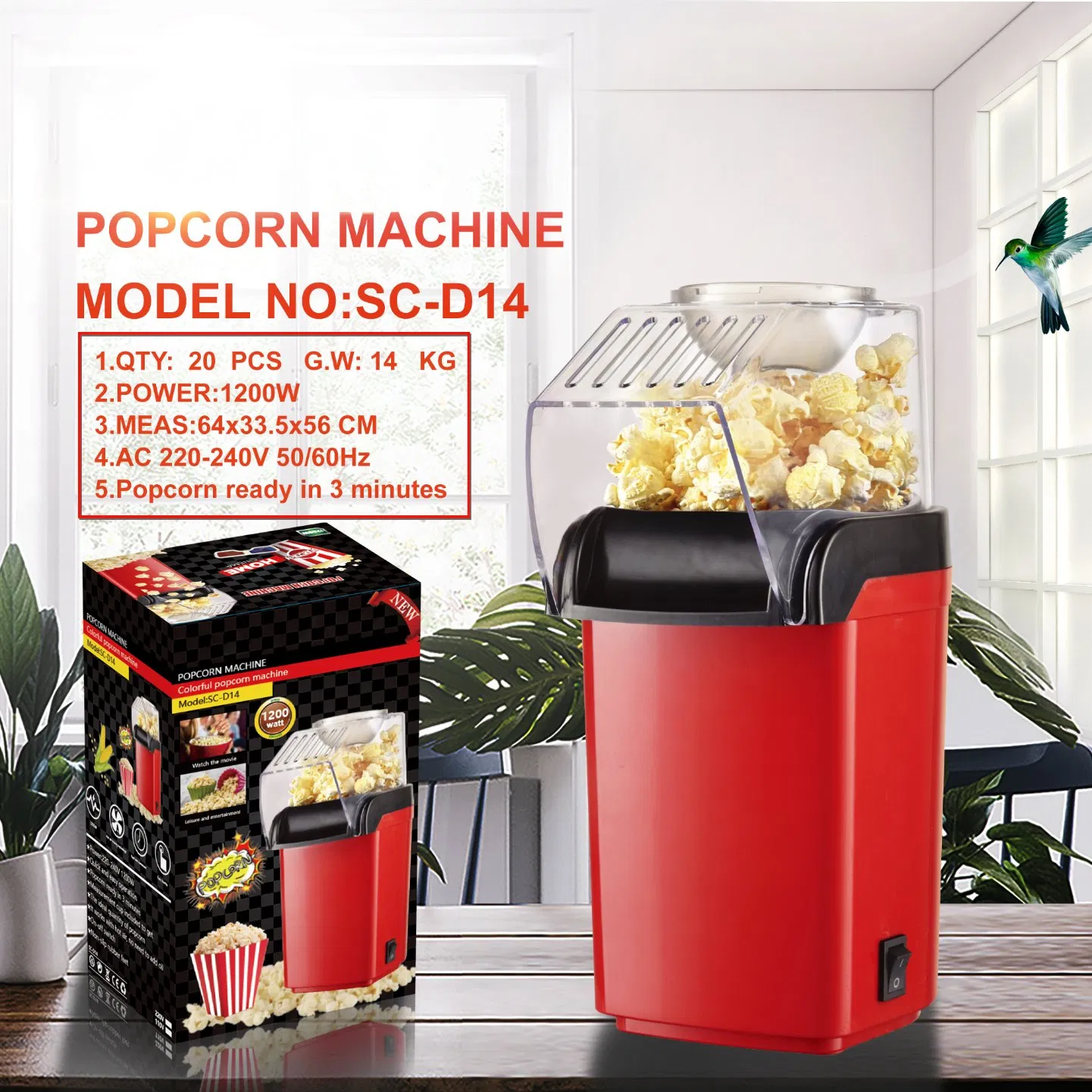 Automatic Electric Popcorn Maker with Hot Air Top Cover Plastic Household and Car Popcorn Machine