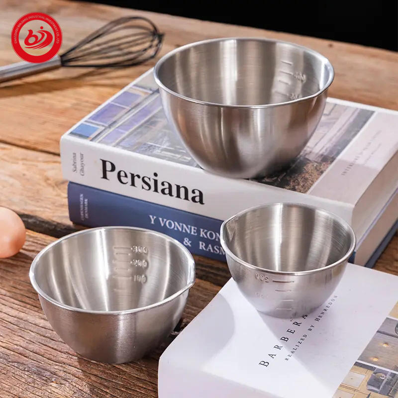 Factory Directly Sell Salad Bowl Premium Stainless Steel Egg Beate Mixing Bowl with Handles Graduated Bowl Measuring Cup