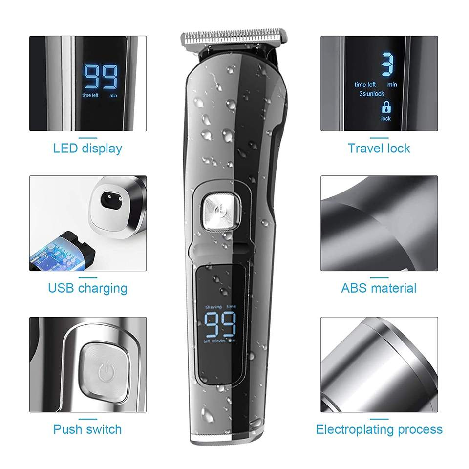 Waterproof Cordless Hair and Beard Trimmer Set with Rechargeable Battery
