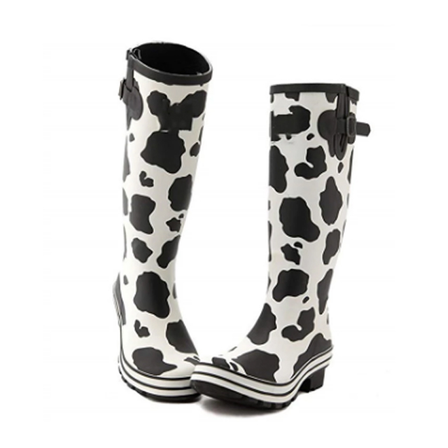 Cute Ladies Short Heels with Cow Printing Women Rubber Rain Boots
